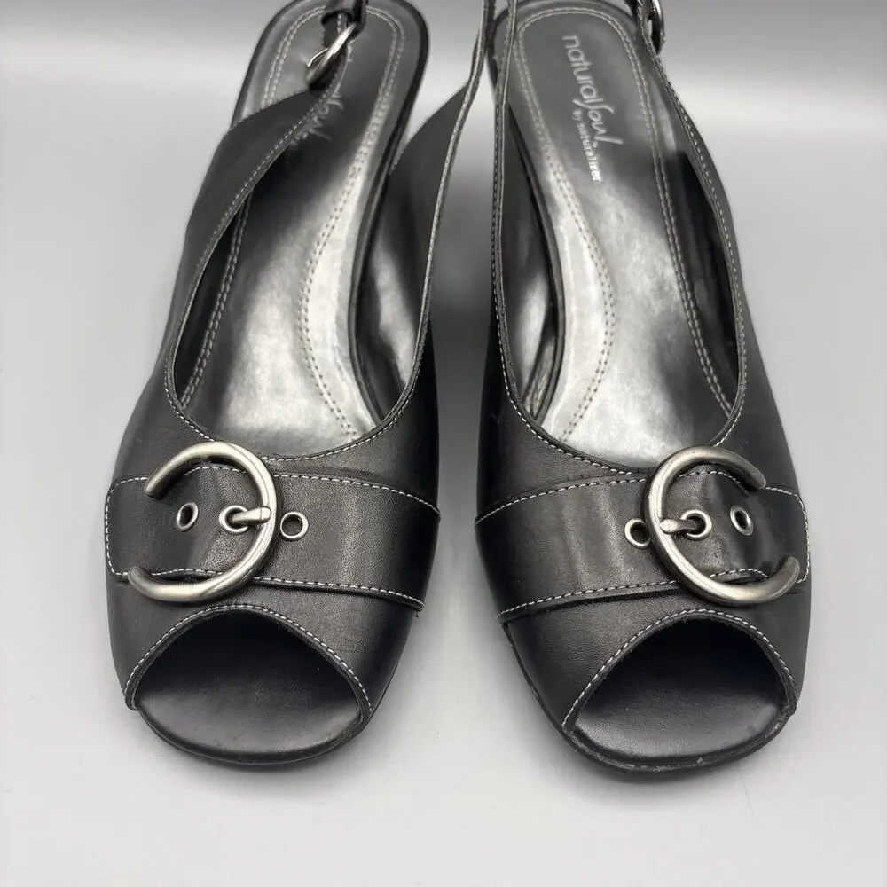 Natural Soul Shoes Size 9 Black Silver Buckle Sling Back Peep Toe Wedge Heels